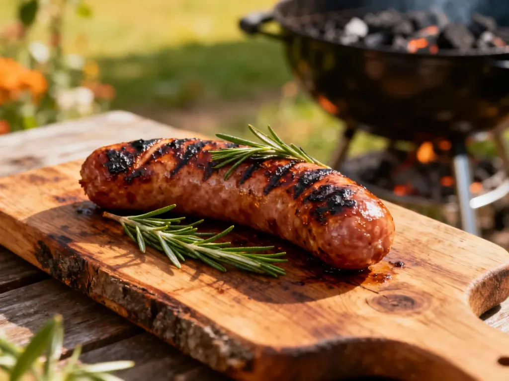 Sycąca kiełbasa z grilla z widocznymi przypieczonymi paskami, podana na drewnianej desce z gałązką rozmarynu.