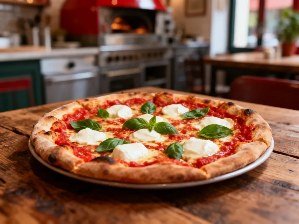 Świeża pizza neapolitańska z mozzarellą i bazylią na drewnianym stole w przytulnej włoskiej restauracji.