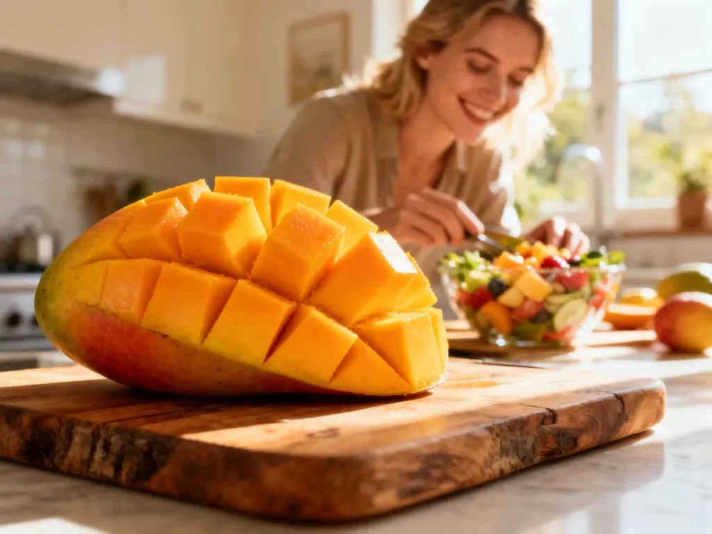 Pokrojone w kostkę, dojrzałe mango na drewnianej desce, w tle kobieta przygotowująca zdrową sałatkę owocową.