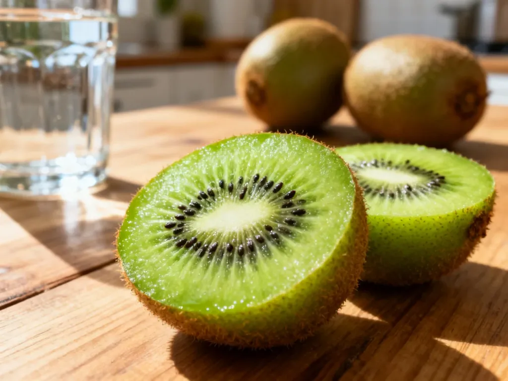 Świeży, przekrojony owoc kiwi w zbliżeniu, ukazujący soczysty miąższ z czarnymi pestkami na tle drewnianego stołu.